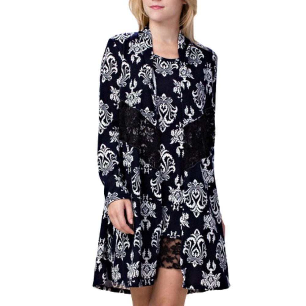 VOCAL Navy & White Damask Print Cardigan Sweater‎ S-XL NWT